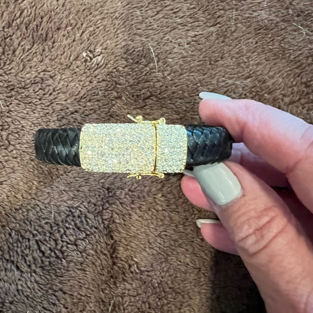 Joan Boyce Black "Braid Me Beautiful" Pave Leather Bangle